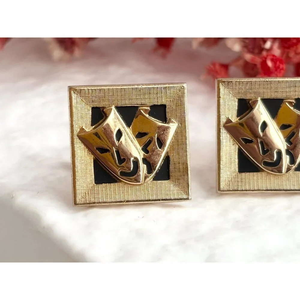 Swank Theater Mask Designed Comedy + Tragedy Gold Toned Square Vintage Enclosure